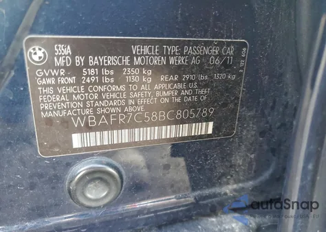 2011 BMW 535 I z USA, uszkodzony, nr VIN WBAFR7C58BC805789